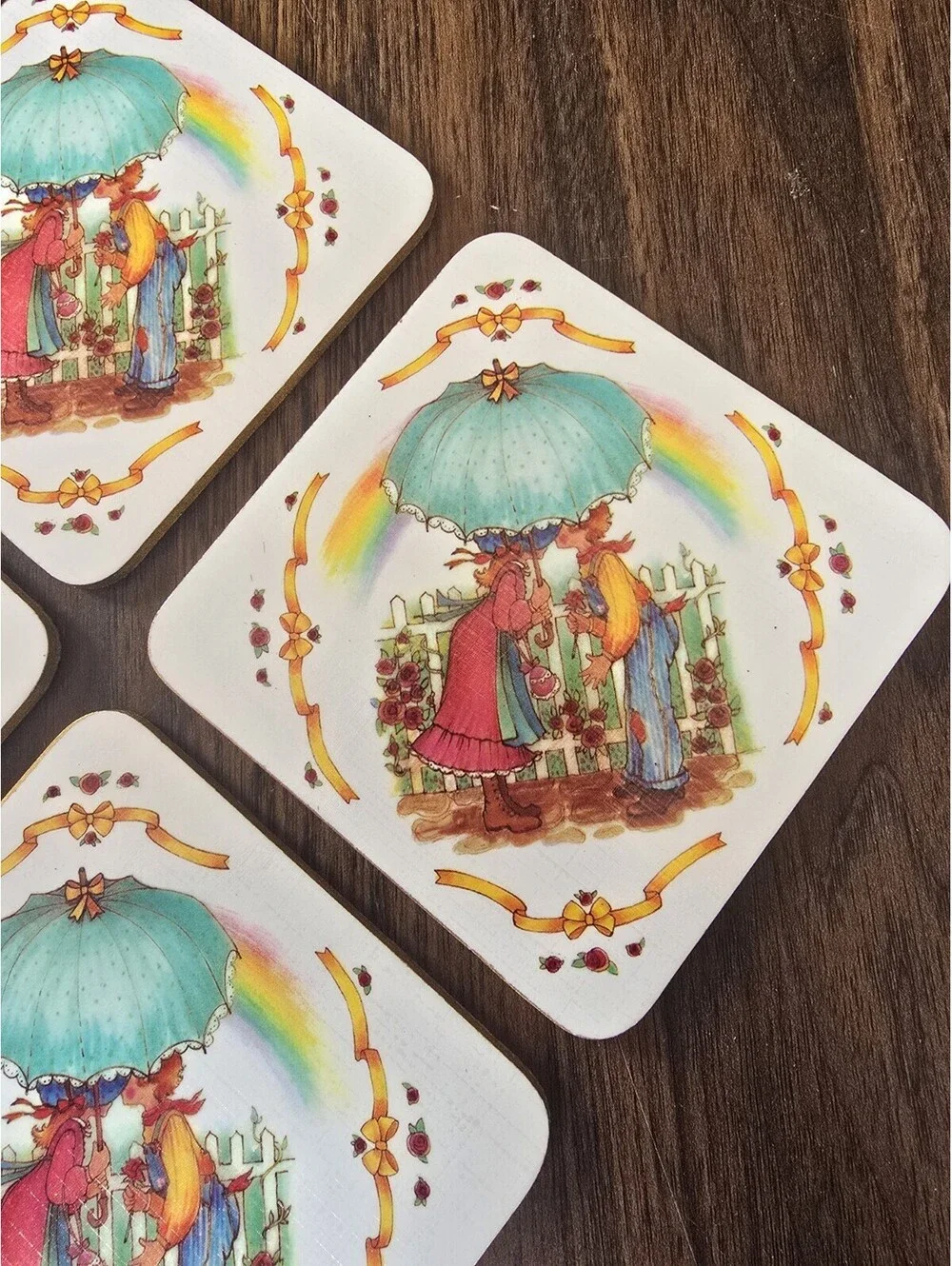 “Vintage Country Girl Boy Rainbow Cork Coaster Cottagecore Holly Hobbie Style”